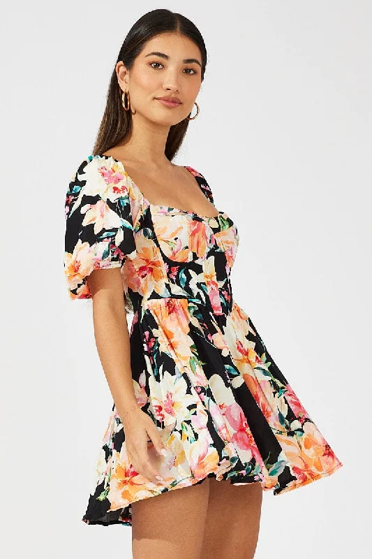 Black Floral Puff Sleeve Skater Dress