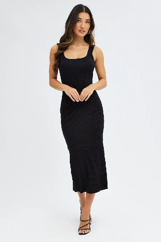 Black Knit Midi Dress Sleeveless Scoop Neck Bodycon Rib