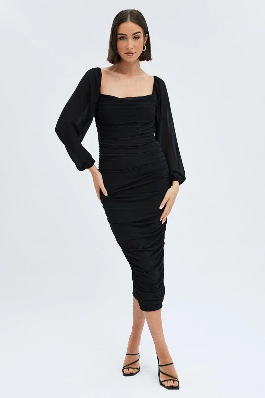 Black Midi Dress Long Sleeve Square Neck Ruched Bodycon