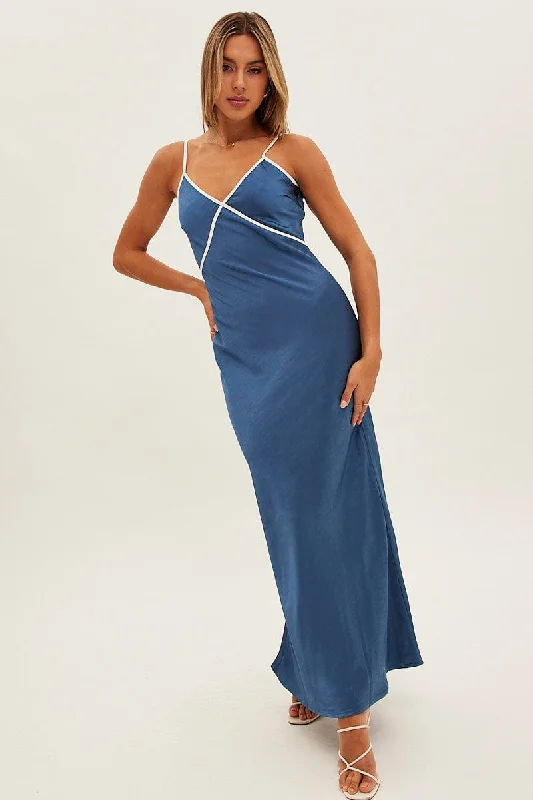 Blue Maxi Dress V Neck Contrast Binding Details Satin