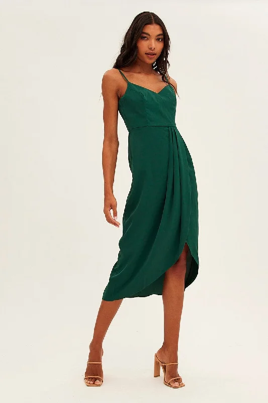 Green Midi Dress Sleeveless V Neck Wrap