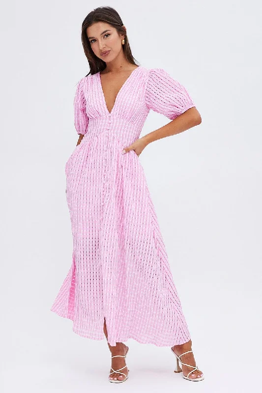 Pink Check Midi Dress Puff Sleeve V-Neck