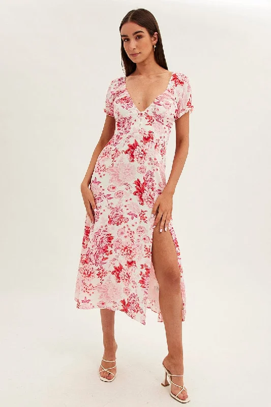 Pink Floral Midi Dress Short Sleeve Sweet Heart Neck