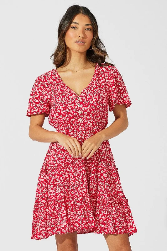 Red Ditsy Fit And Flare Dress V-neck Mini