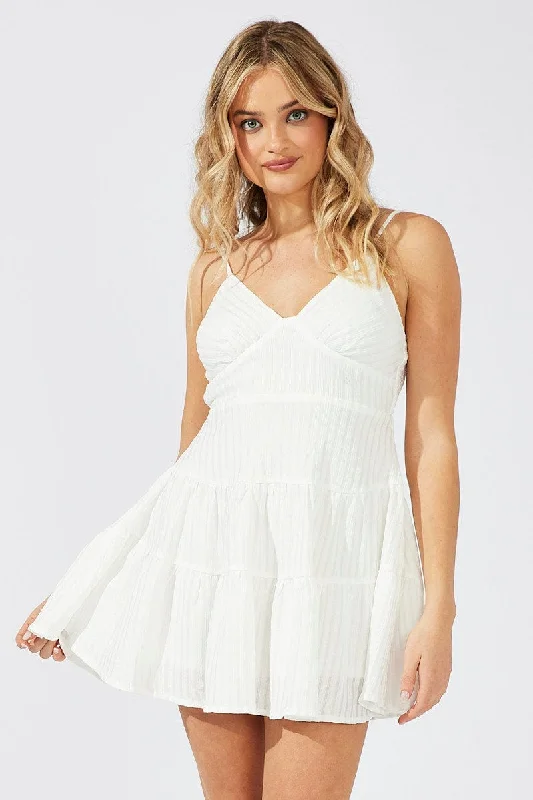 White Fit And Flare Dress Mini Textured Fabric