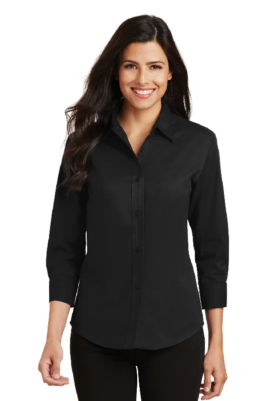 Port Authority Womens Easy Care Wrinkle Resistant 3/4 Sleeve Button Down Shirt - Black