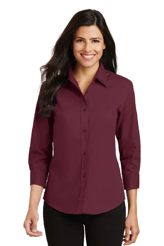 Port Authority Womens Easy Care Wrinkle Resistant 3/4 Sleeve Button Down Shirt - Burgundy