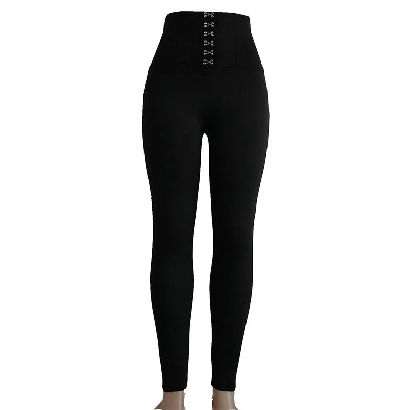 Women Black Hook High Waist Cincher Leggings Full Length Skinny Trousers Sexy Butt Lifting Pants