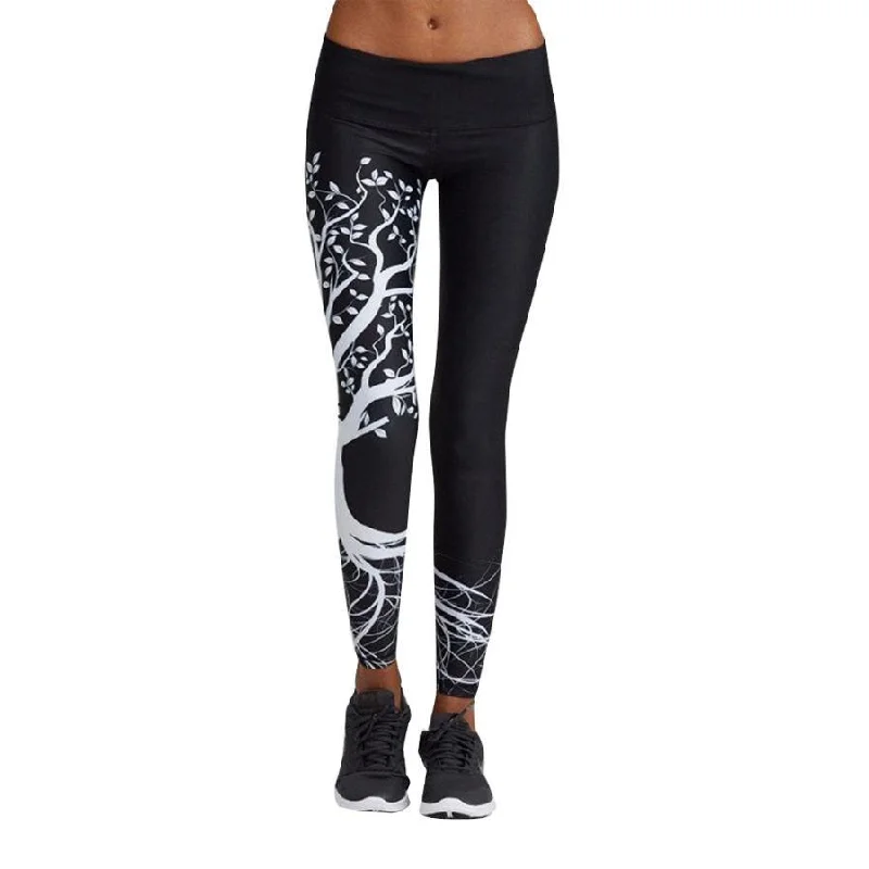 Women Elastic Mid Waist Legging Women's Black and White Tree Printed Fitness Leggings Active Pencil Pants Bottoms for Female