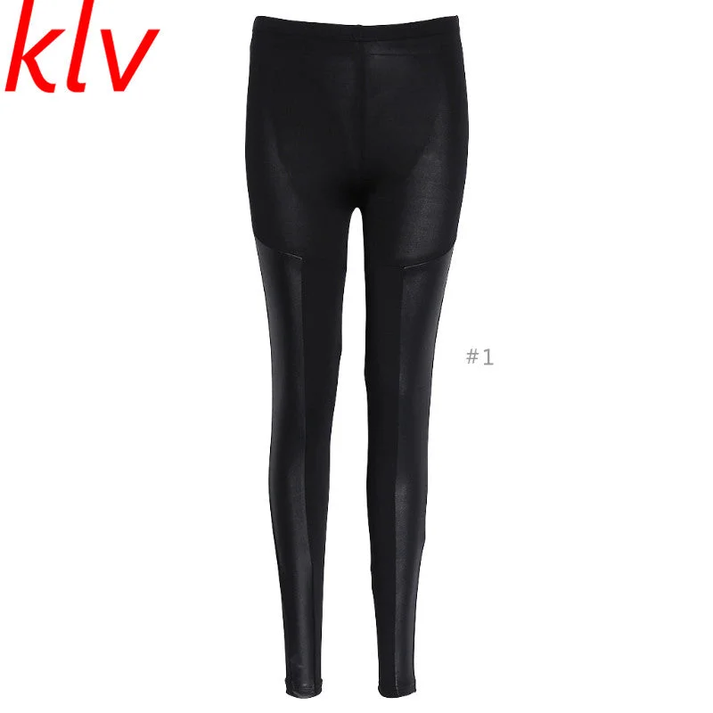 Women Patchwork Stitching Elastic Slim Leatherette Legging Stretchy Pencil Pants