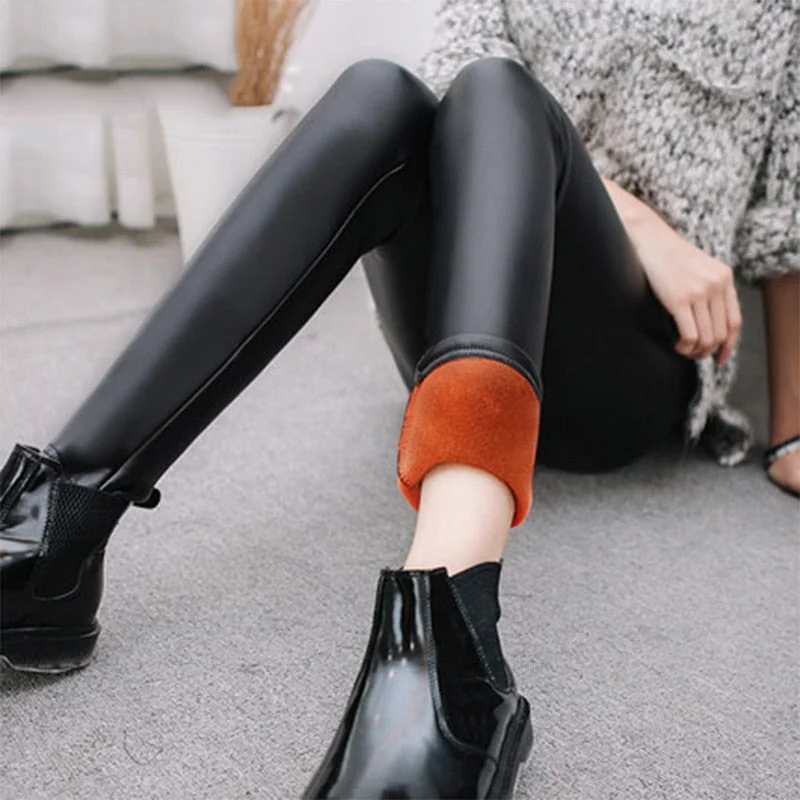 Women PU Leather Pants High Elastic Waist Leggings Not Crack Slim Leggings Fleece Lady Fashion Black Trousers plus sizes