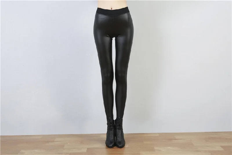 Women Sexy Black Elastic WAIST Leggings Leather Legging High Waist Pants Leggings Casual Warm Solid Faux Leather Leggins