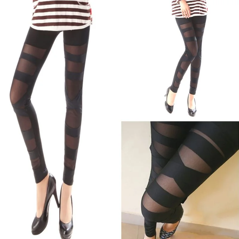 Women Sexy Punk Black Ripped Cut-out Bandage Leggings Woman Skinny Pants Ladies Trousers