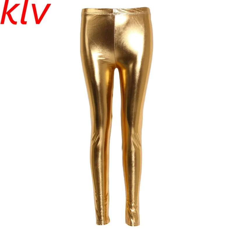 Women Shiny Silver Gold Leggings High-Waisted Faux Leather Stretch Pencil Pants