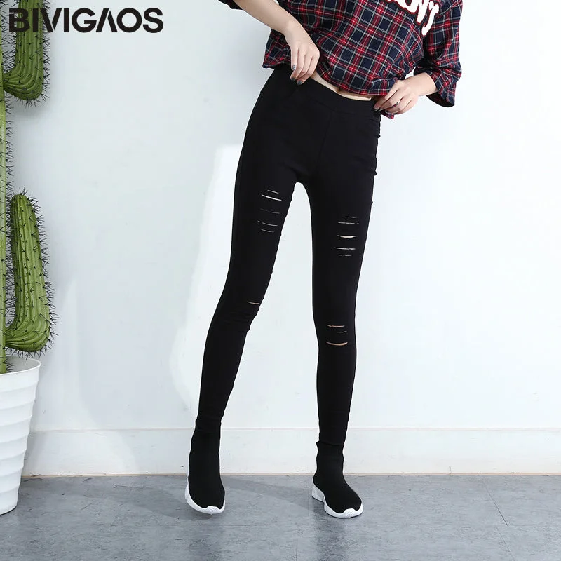 Spring Summer Womens Woven Hole Legging Pencil Pants Ripped Jeans Leggings Pants Gothic Leggings For Women Black White