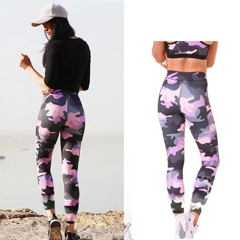 Womens Fitness Long Camouflage Purple High Waist Leggings Pants Trousers