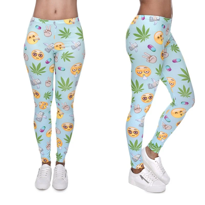 Brand New Fashion Emoji Weed Printed Women Slim Fit Legging Polyester Stretchy Trousers Casual Pants Leggings