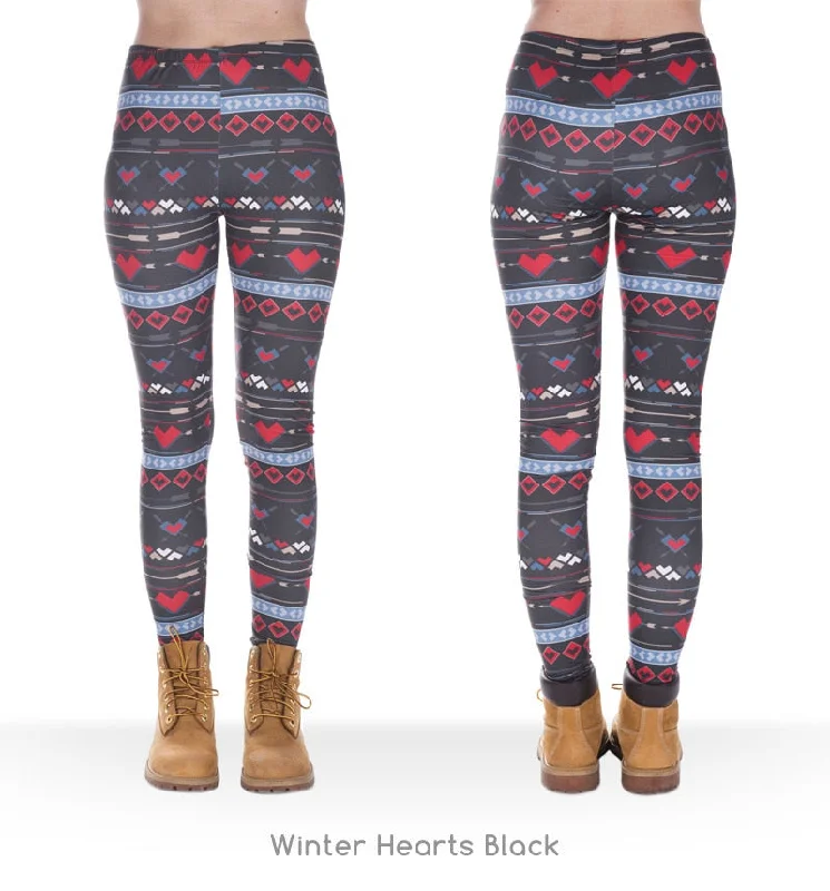 Fashion High Elasticity Snowflake Hearts Printed Women Slim Fit Legging Workout Trousers Casual Pants Leggings