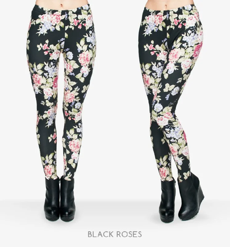 Fashion Flowers Printing Legging Punk Women Legins Stretchy Trousers Casual Women Pants Leggings