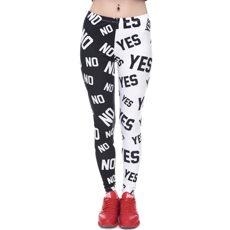 Womens Fashion Elasticity Yes and No Printed Slim Fit Legging Workout Trousers Casual Pants Leggings