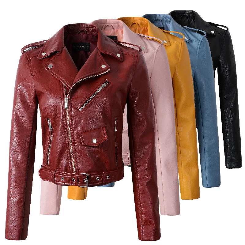 New Fashion Women Autunm Winter Wine Red Faux Leather Jackets Lady Bomber Motorcycle Cool Outerwear Coat with Belt