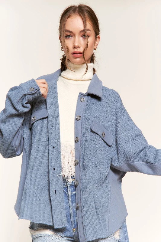 BLUE COLLARED RIBBED KNIT LONG SLEEVES JACKET T8293