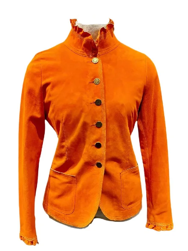 Bergen of Norway Women's Ruffle Leather Jacket in Hermes Orange Color