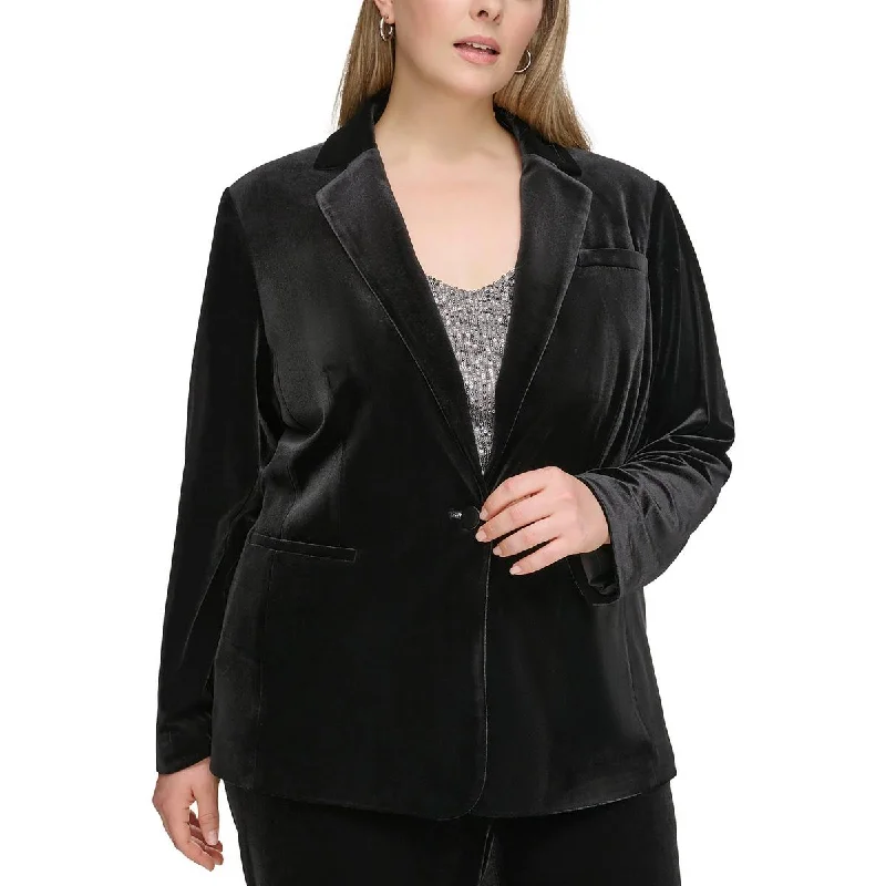 Plus Womens Collar Velvet One-Button Blazer