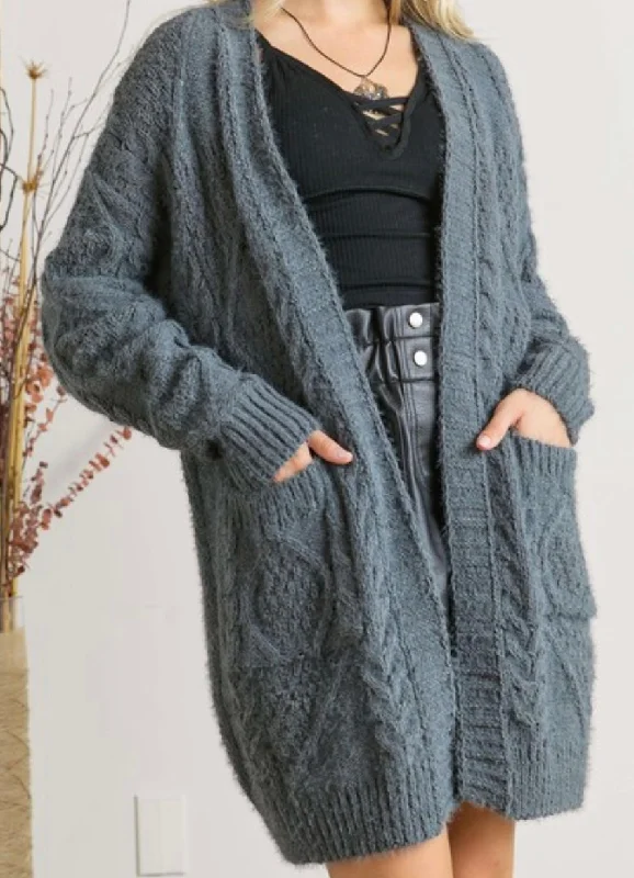 Charcoal Open Front Cardigan with Pockets