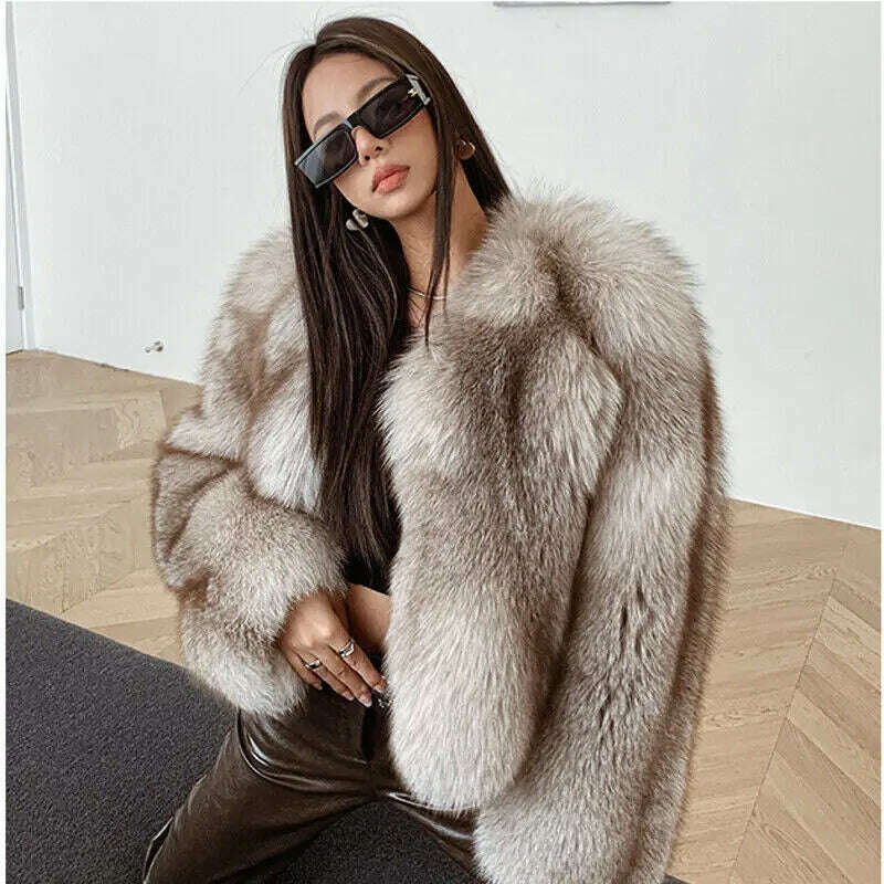 Coffee Fox Fur Jacket Women Winter Fashion Warm Fluffy Real Fur Outertwear Natural Luxury Fox Fur Coat Lady