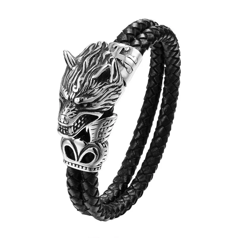 Fashion Men Jewelry Titanium Steel Wolf Head Bracelet High Quality Leather Woven Wristband Charm Bracelet Antique Jewelry Gifts