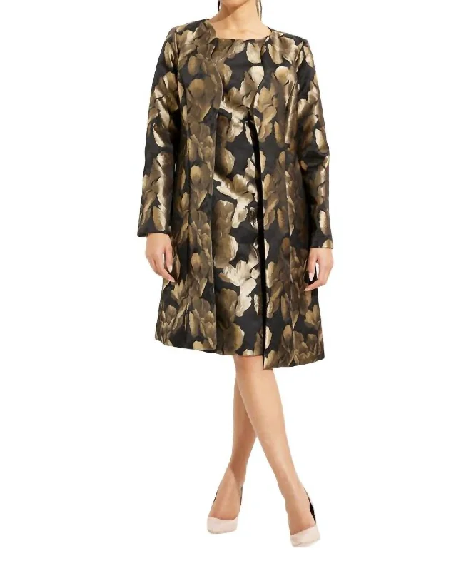 Foil Leaf Open Front Coat In Black,gold Floral