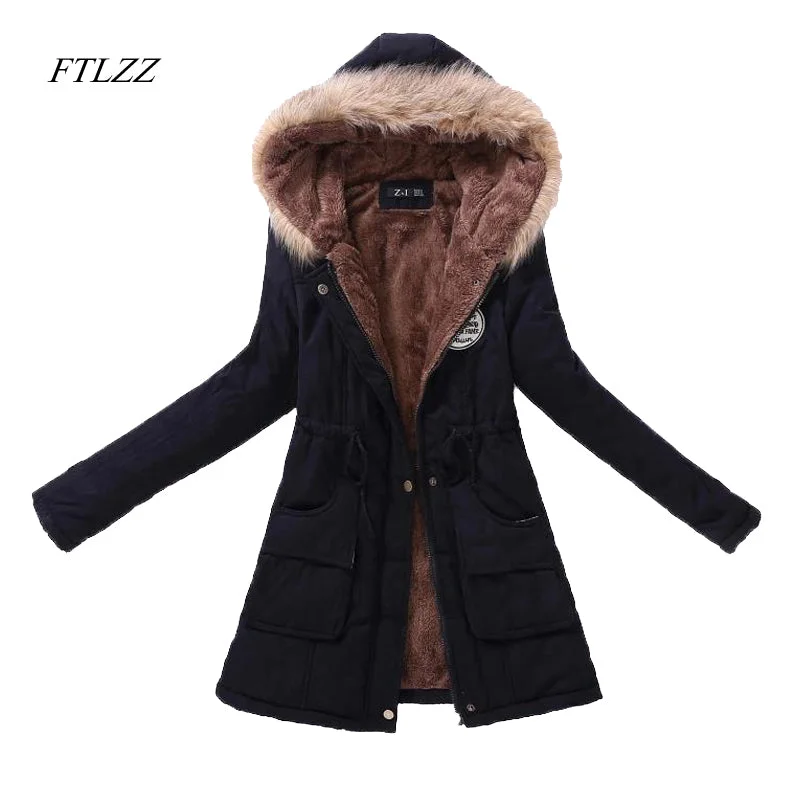 FTLZZ New Autumn Winter Women Jacket Cotton Padded Casual Slim Coat Emboridery Hooded Parkas Plus Size 3xl Wadded Overcoat