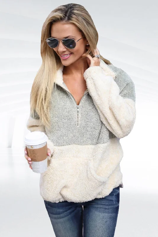 Grey White Zip Neck Oversize Fluffy Fleece Pullover