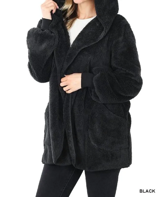 Hooded Faux Fur Wrap Jacket With Pockets In Black