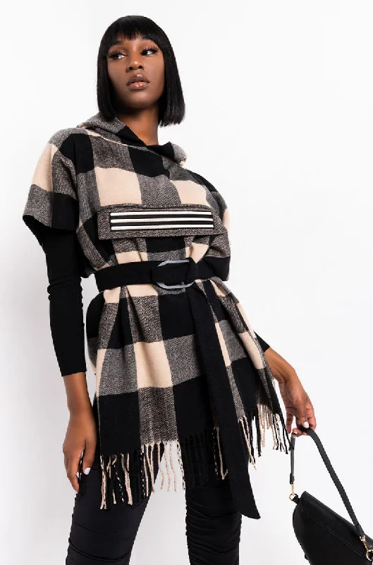 KHALLI PLAID HOODIE PONCHO