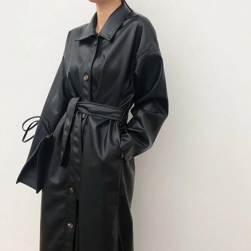 Leather Long Jacket   Autumn and Winter Women Loose Belt PU Leather Windbreaker Trench Coat Slim Jacket