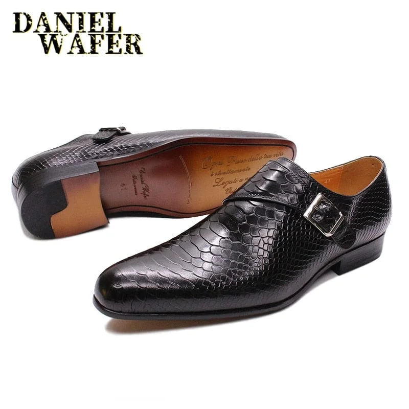 LUXURY MEN LOAFERS SHOES SNAKE SKIN PRINTS MONK STRAP SLIP ON BROWN BLACK CASUAL SHOES FORMAL DRESSES OFFICE men's summer shoes