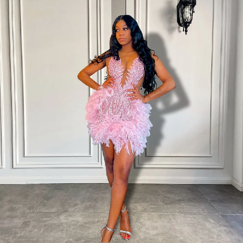 Luxury Sheer Neckline Women Cocktail Dress Pink Feather Black Girl Short Prom Dresses 2023 For Birthday Party