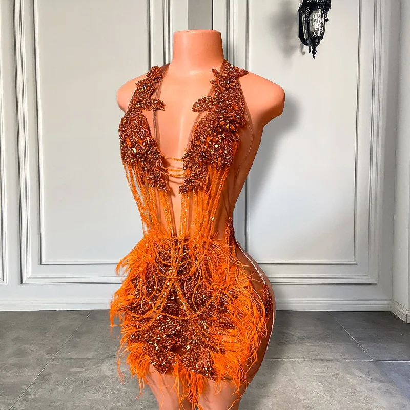 Luxury Sparkly Orange Crystals Diamond Women Cocktail Gowns Sexy See Through Feather Black Girl Short Prom Dresses 2023