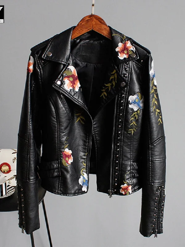 Lin Floral Print Embroidery Faux Soft Leather Jacket Women Pu