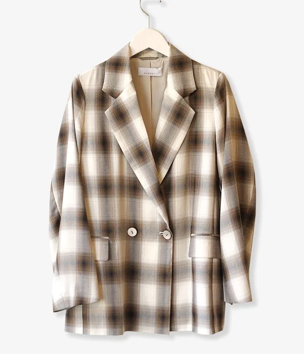 PHEENY/RAYON OMBRE CHECK DOUBLE-BREASTED JACKET(BROWN)