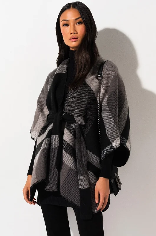 PLAID TIE FRONT PONCHO GREY BLACK