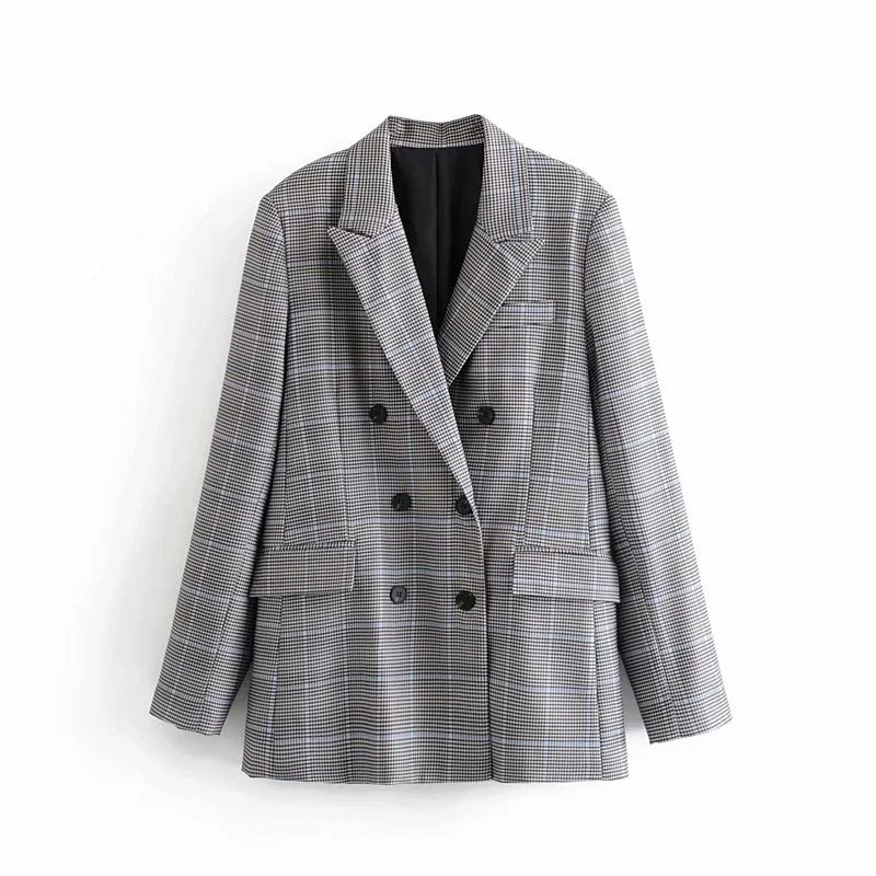 Vintage Lady Plaid Blazers Suit Pockets Long