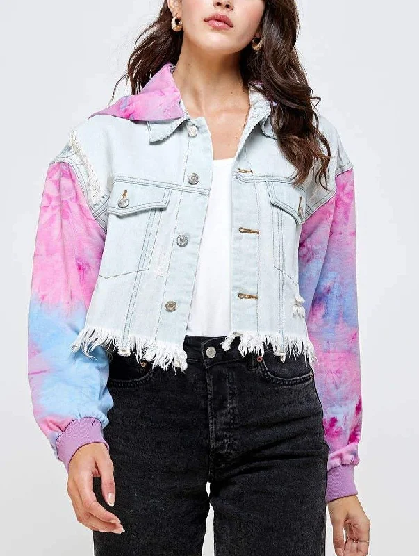 Women Removable Hoodie Tie Dye Sleeves Light Blue Cropped Jean Denim