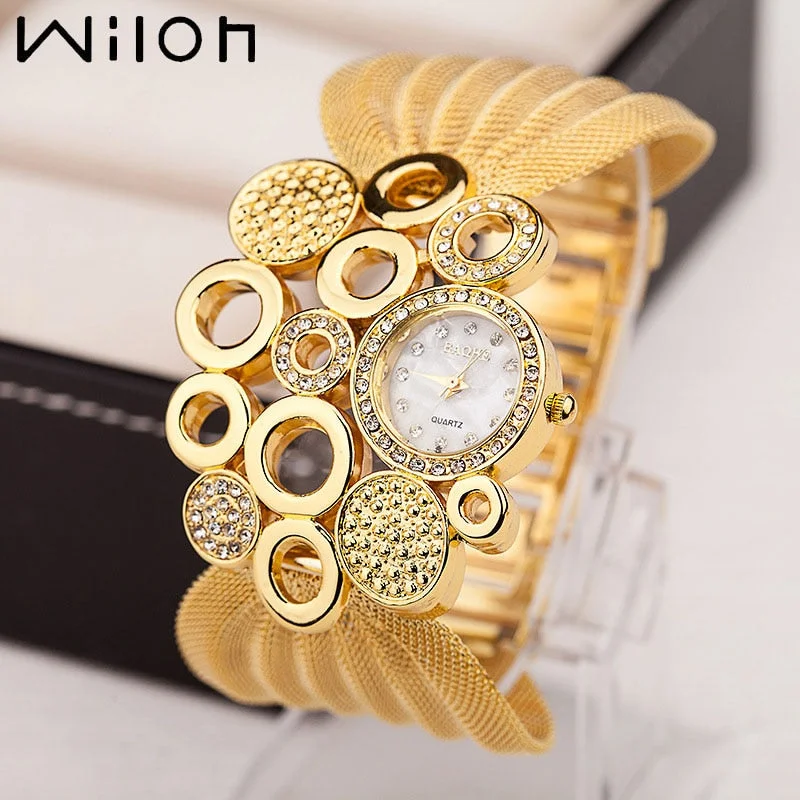 Women Watch Luxury Fashion Bracelet Popular Inlaid Rhinestones Mesh Watchband Ladies Casual Quartz Watches Dress Wristwatch