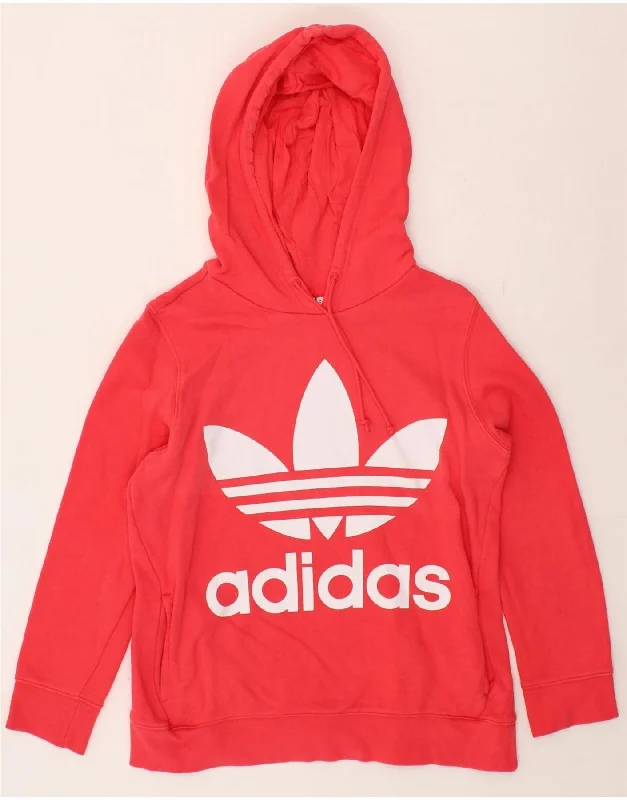 ADIDAS Womens Graphic Hoodie Jumper UK 14 Large  Pink Cotton Hoodie with Puffed Sleeves Voluminous Trendy