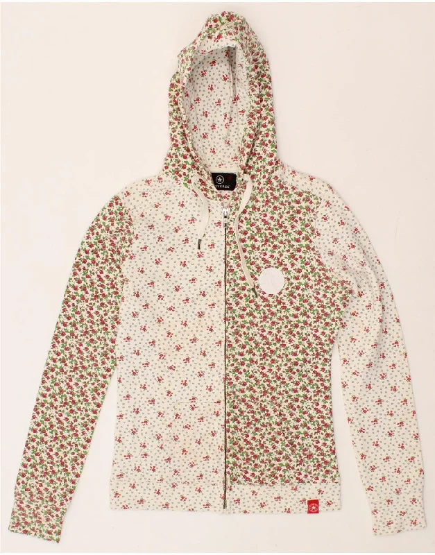 CONVERSE Womens Zip Hoodie Sweater UK 12 Medium White Floral Cotton Hoodie with Bell Sleeves Flared Feminine