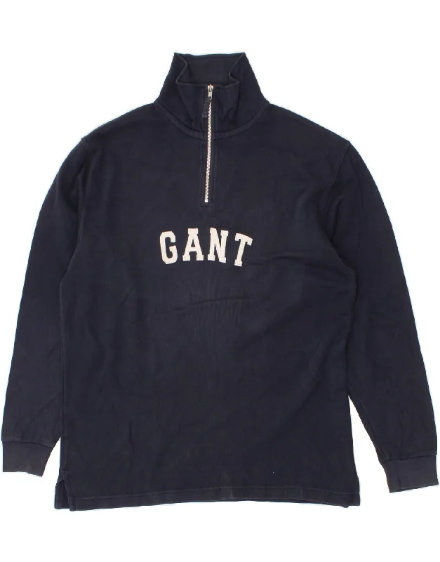 GANT Mens Graphic Zip Neck Sweatshirt Jumper Medium Navy Blue Cotton Hoodie with Slit Hem Functional Movement