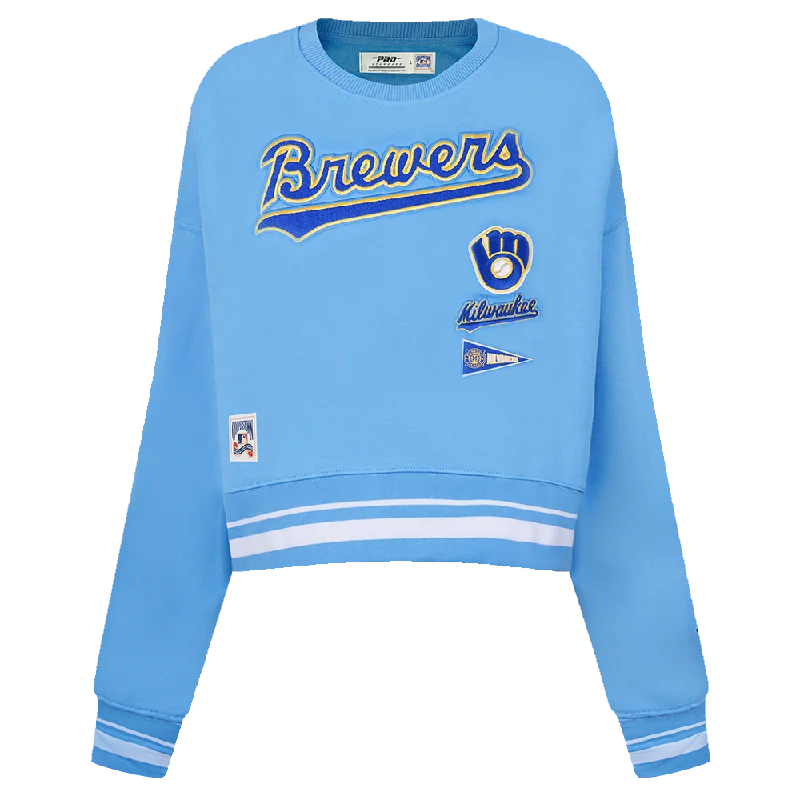 MLB MILWAUKEE BREWERS RETRO CLASSIC WOMEN'S RIB CREWNECK (UNIVERSITY BLUE) Hoodie with Illustration Artistic Creative